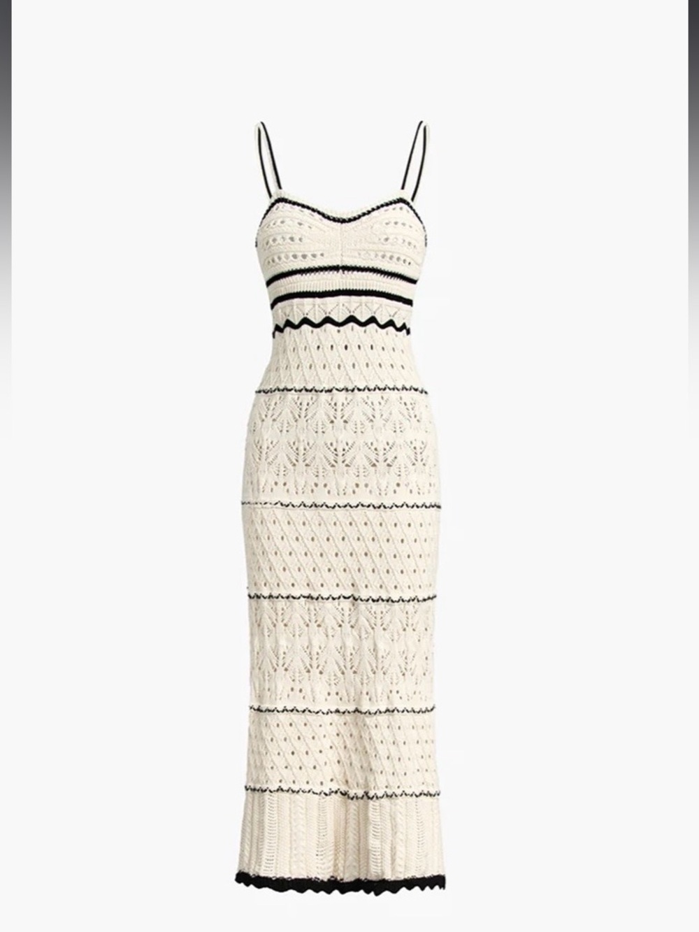 Commense Cream Crochet Midi Dress with Black Accents